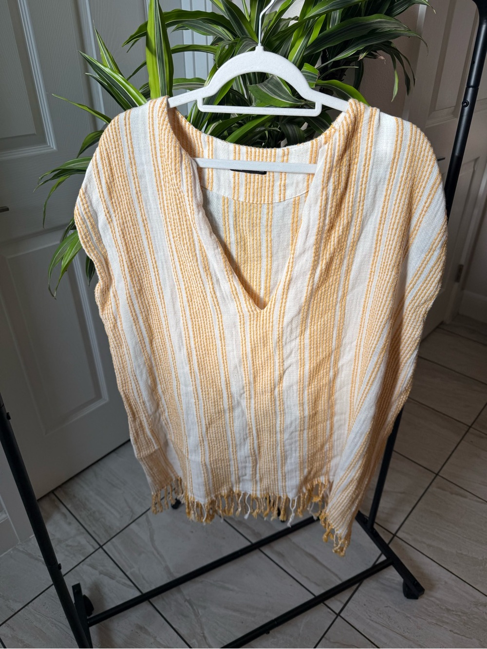 Striped V-Neck Fringe Women's Top in Yellow and White